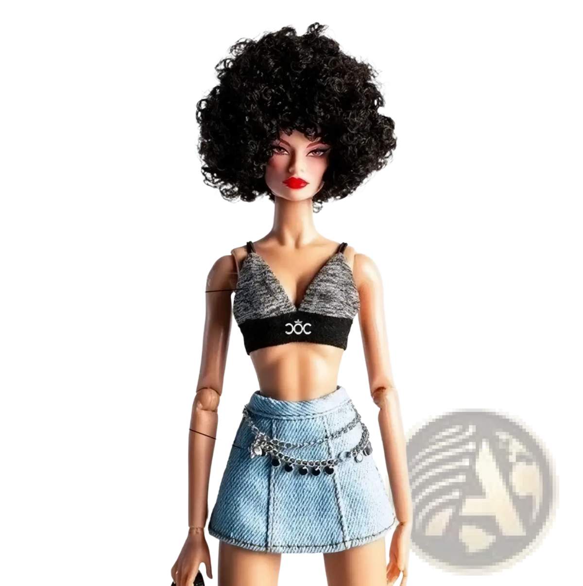 1/6 scale futuristic doll clothing featuring a gray and black crop top with 3cc logo and light blue denim mini skirt with chains