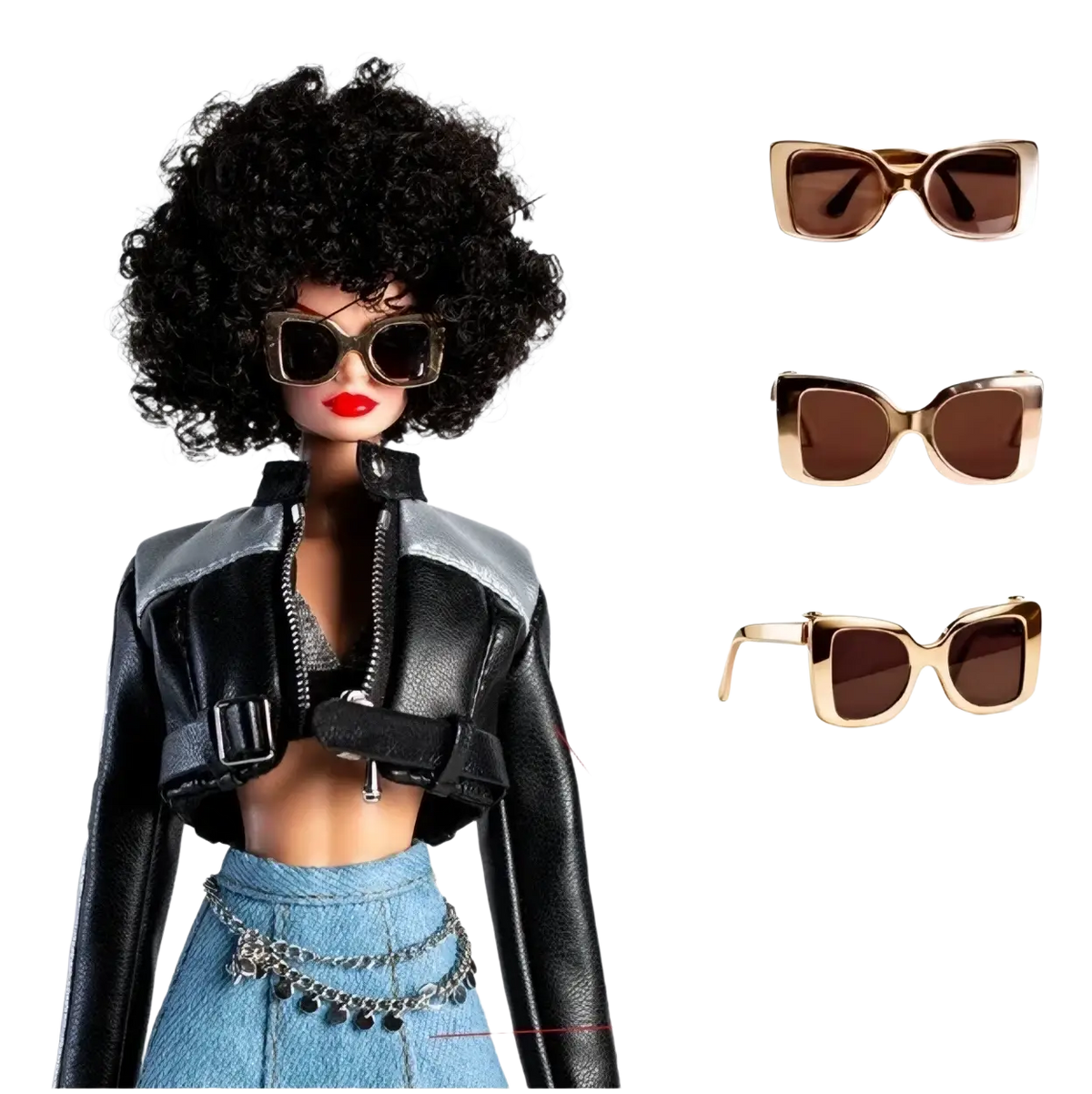 A pair of gold-toned metal cat-eye sunglasses with dark brown lenses for 1/6 scale futuristic doll accessories