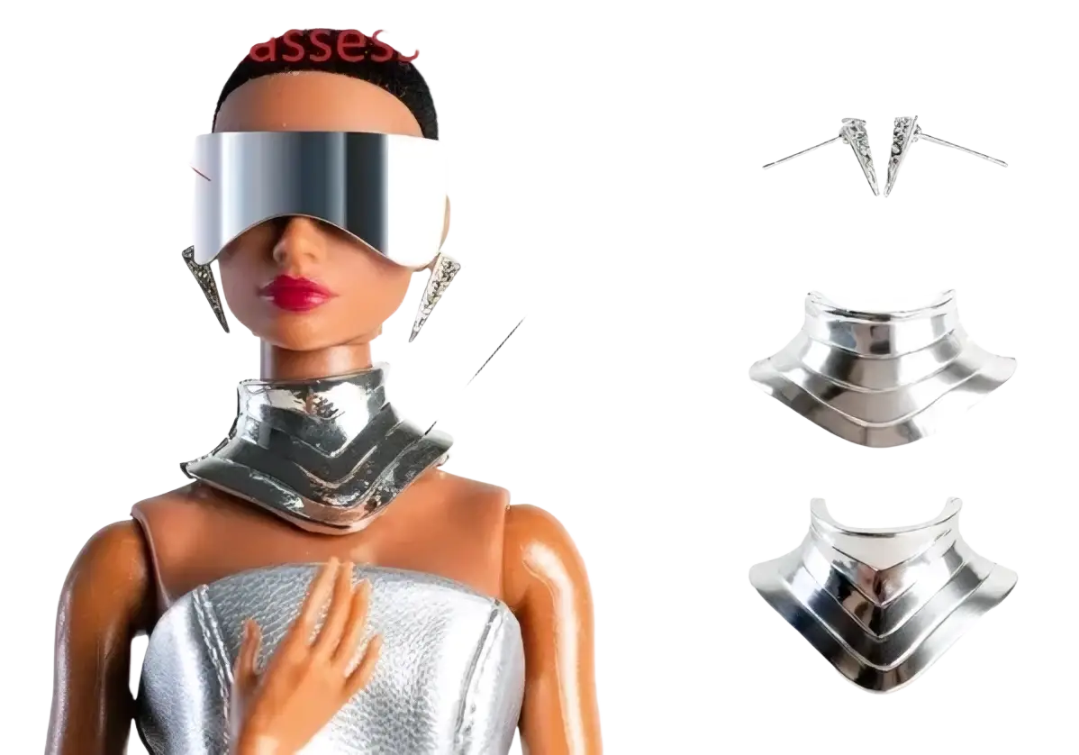 Silver metallic futuristic neckpiece with angular layered design and reflective surface for 1/6 scale doll clothing and accessories