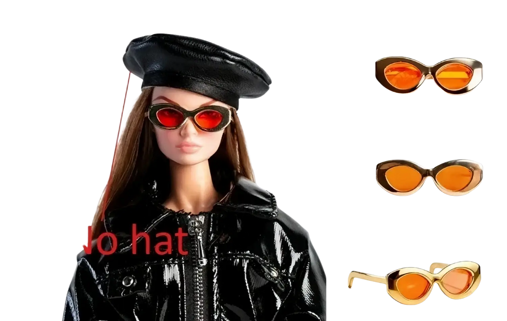 The 1/6 scale futuristic doll sunglasses feature bold cat-eye frames with a glossy gold finish and vibrant orange lenses