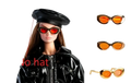 The 1/6 scale futuristic doll sunglasses feature bold cat-eye frames with a glossy gold finish and vibrant orange lenses