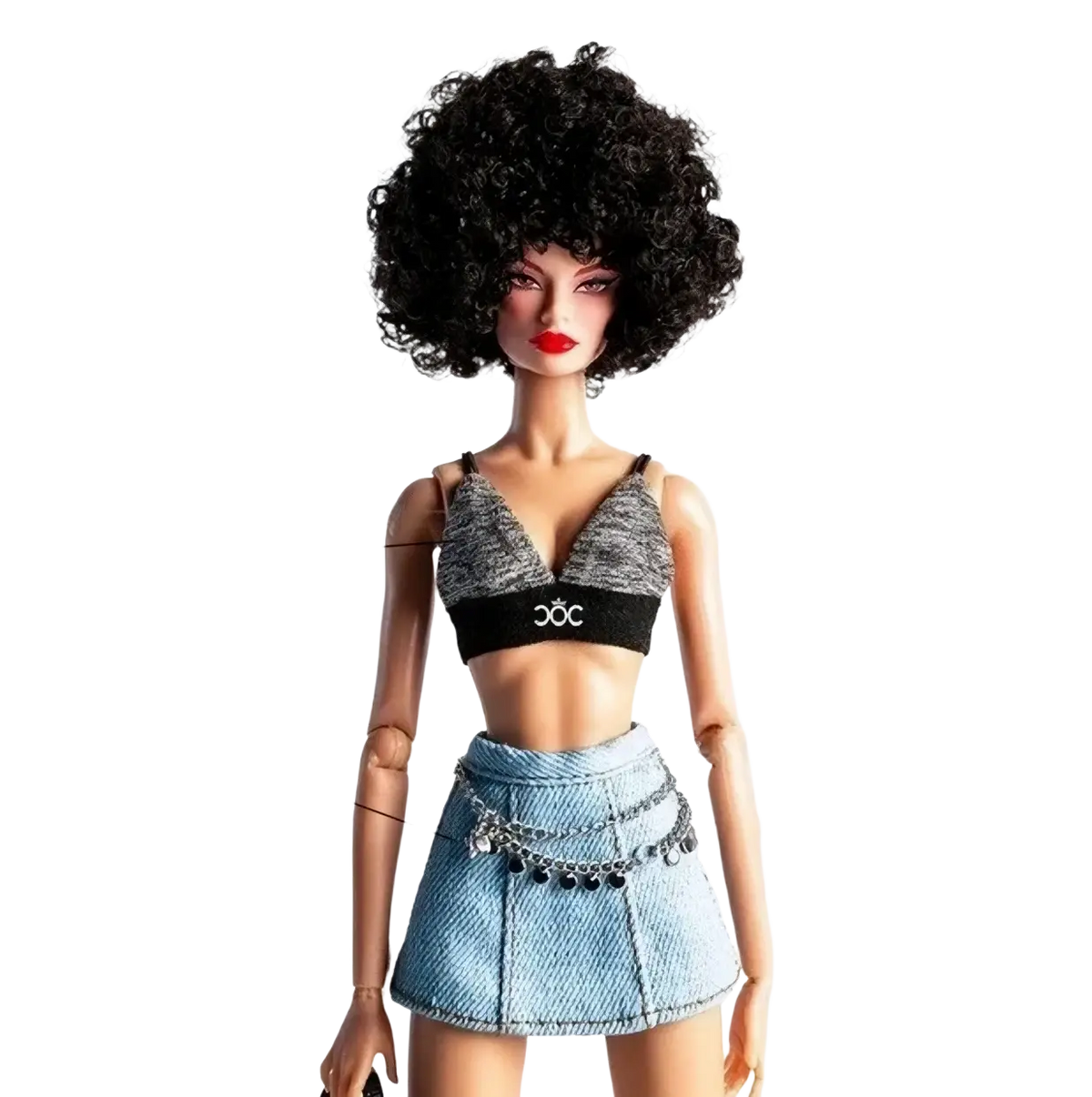 1/6 scale futuristic doll clothing featuring a gray and black crop top with 3cc logo and light blue denim mini skirt with chains