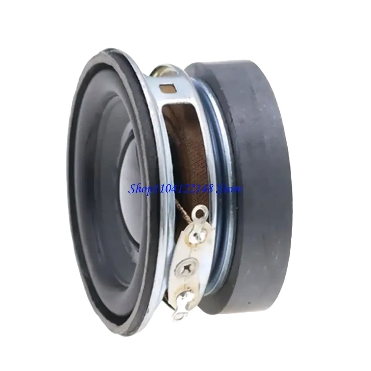 Black 1.75 inch 3w 4 ohm mini bass speaker with silver metal frame and visible internal components front view