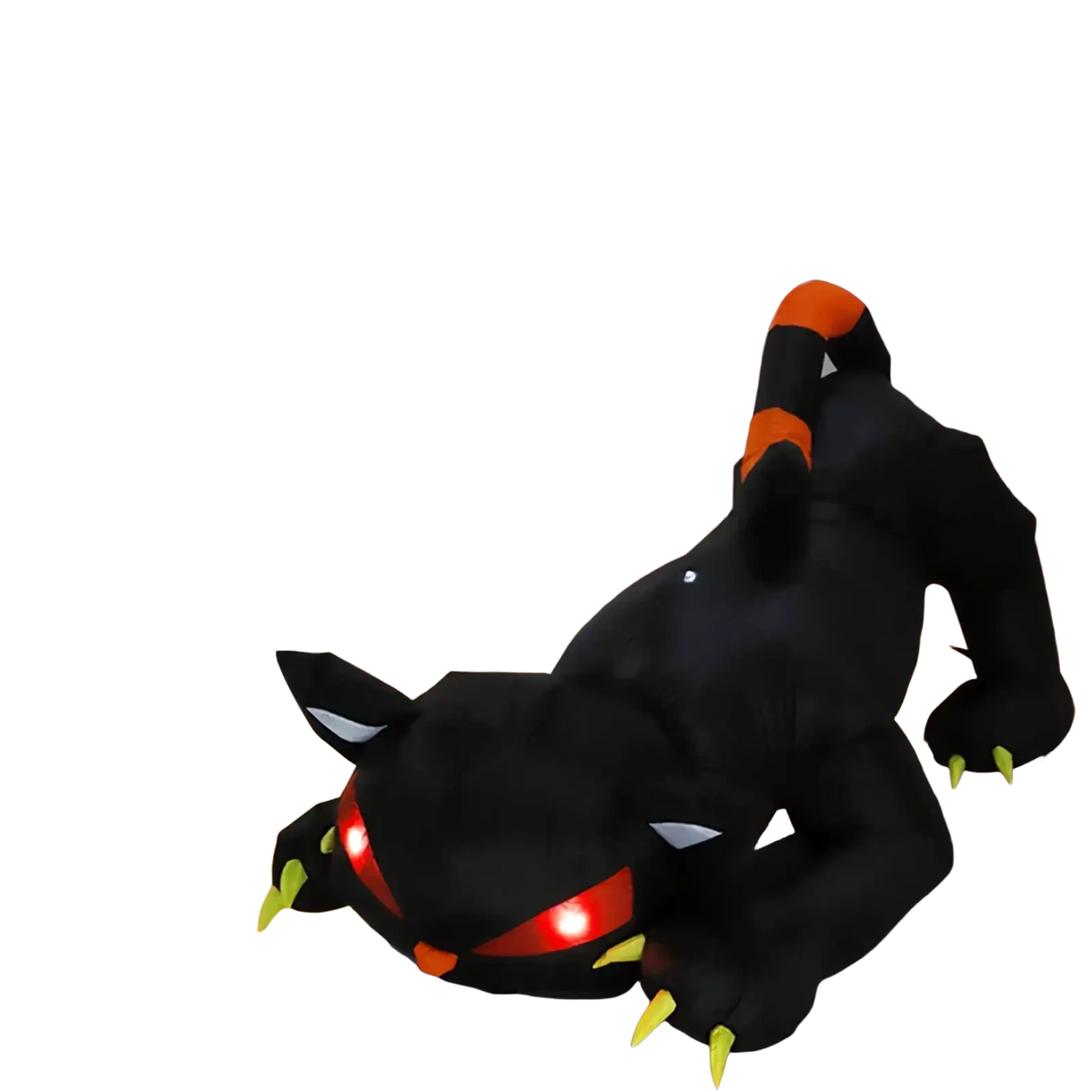 A 1.8m inflatable black cat led halloween yard decor with glowing red eyes and orange accents in a festive scene