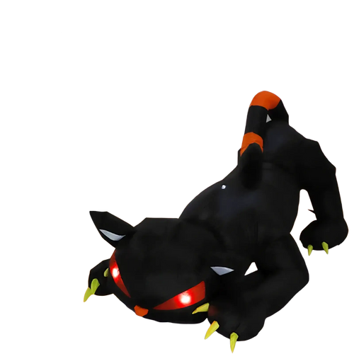 A 1.8m inflatable black cat led halloween yard decor with glowing red eyes and orange accents in a festive scene