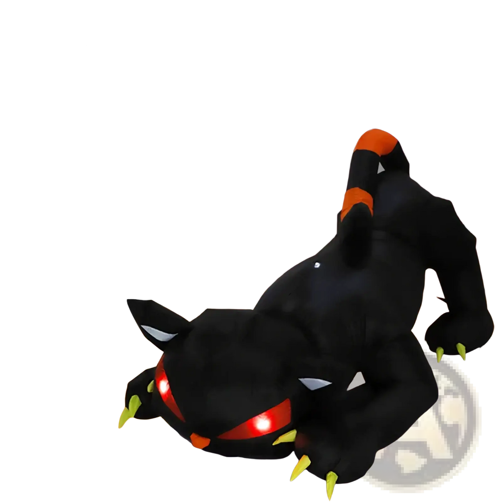 A 1.8m inflatable black cat led halloween yard decor with glowing red eyes and orange accents in a festive scene
