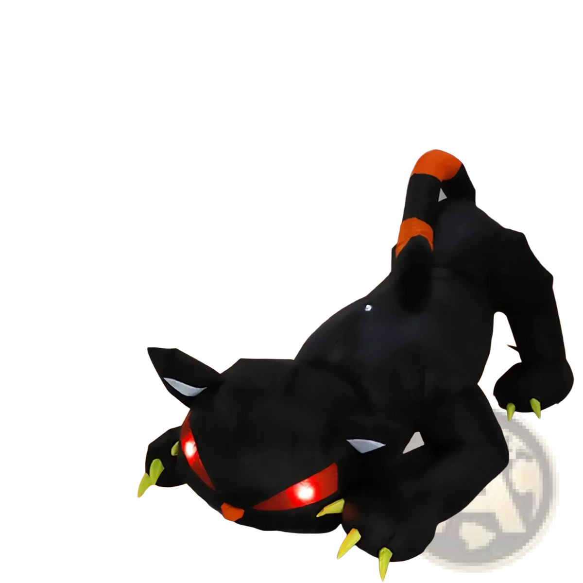 A 1.8m inflatable black cat led halloween yard decor with glowing red eyes and orange accents in a festive scene
