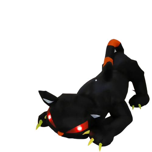 Inflatable black cat with glowing red eyes and orange accents on tail ears and nose for halloween yard decor