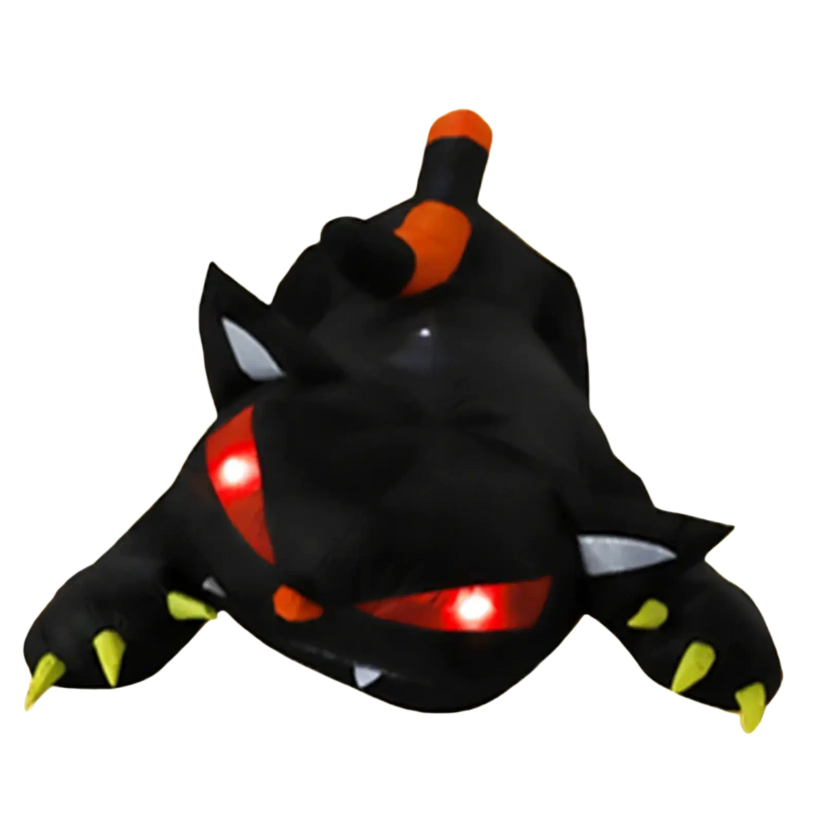 A 1.8m inflatable black cat led halloween yard decor with orange accents and glowing red eyes plush toy design