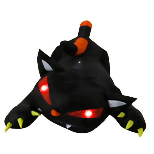 A 1.8m inflatable black cat led halloween yard decor with orange accents and glowing red eyes plush toy design