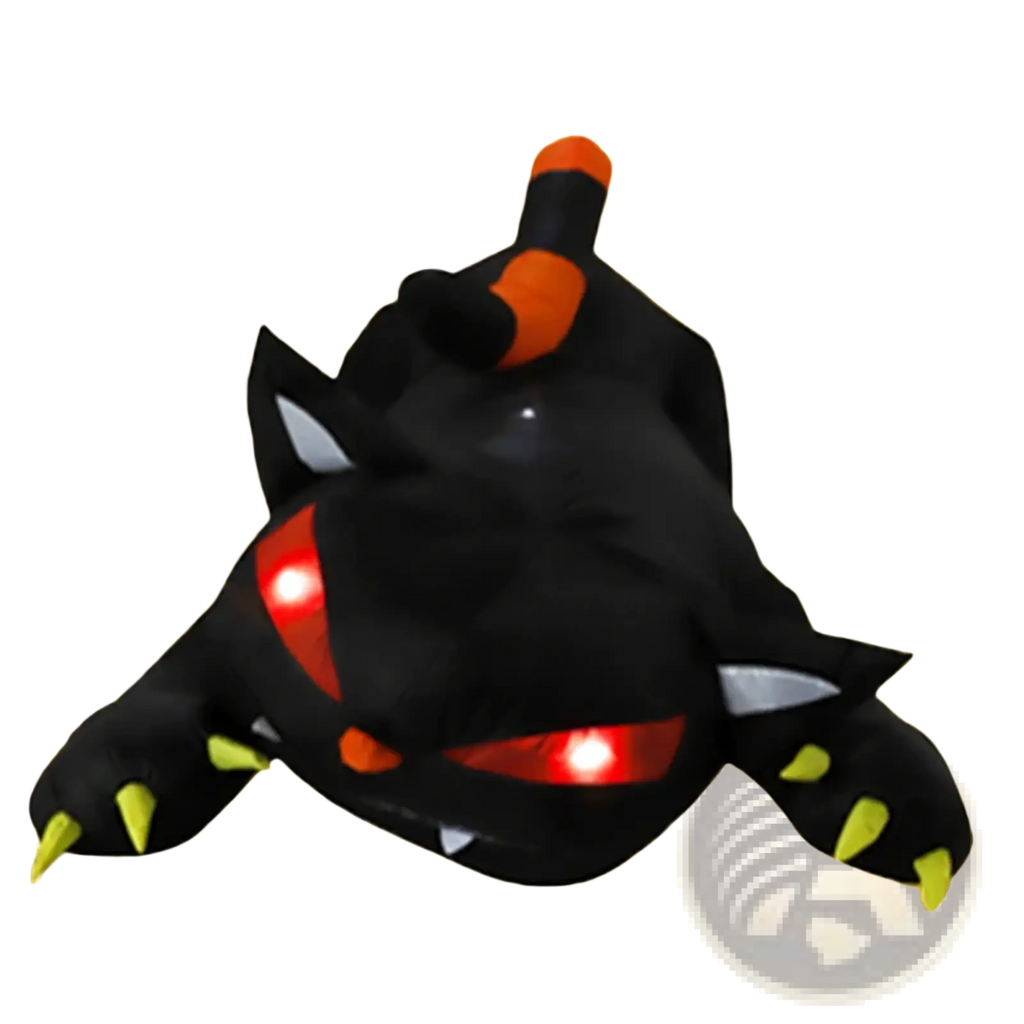 A 1.8m inflatable black cat led halloween yard decor with orange accents and glowing red eyes plush toy design