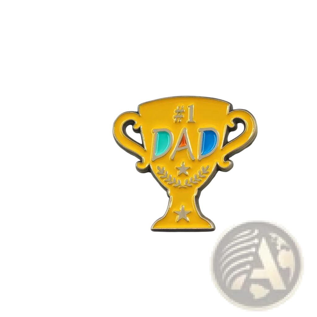 A shiny gold-colored enamel pin shaped like a trophy with dad text in blue and teal flanked by stars and laurel wreaths