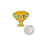 A shiny gold-colored enamel pin shaped like a trophy with dad text in blue and teal flanked by stars and laurel wreaths