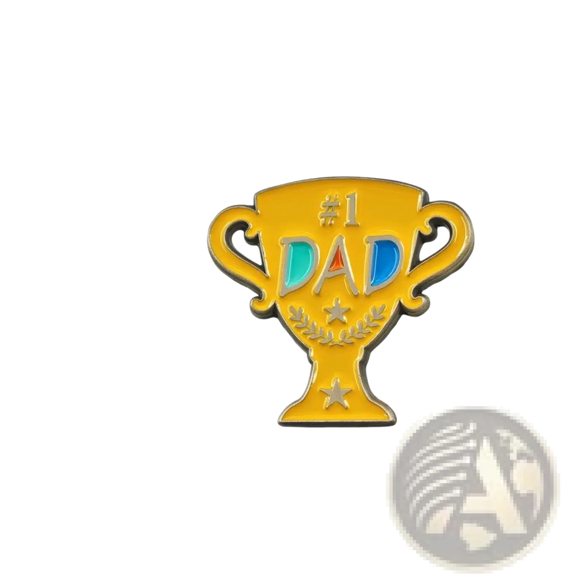 A shiny gold-colored enamel pin shaped like a trophy with dad text in blue and teal flanked by stars and laurel wreaths