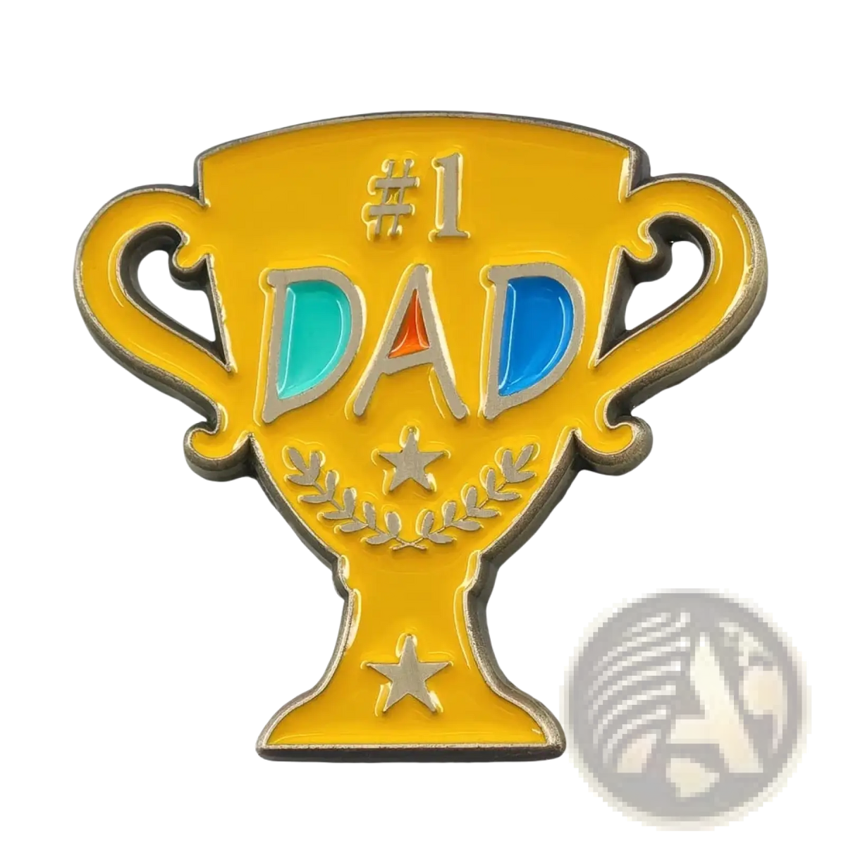 A shiny gold #1 dad trophy enamel pin with silver lettering and teal blue accents on a golden brooch