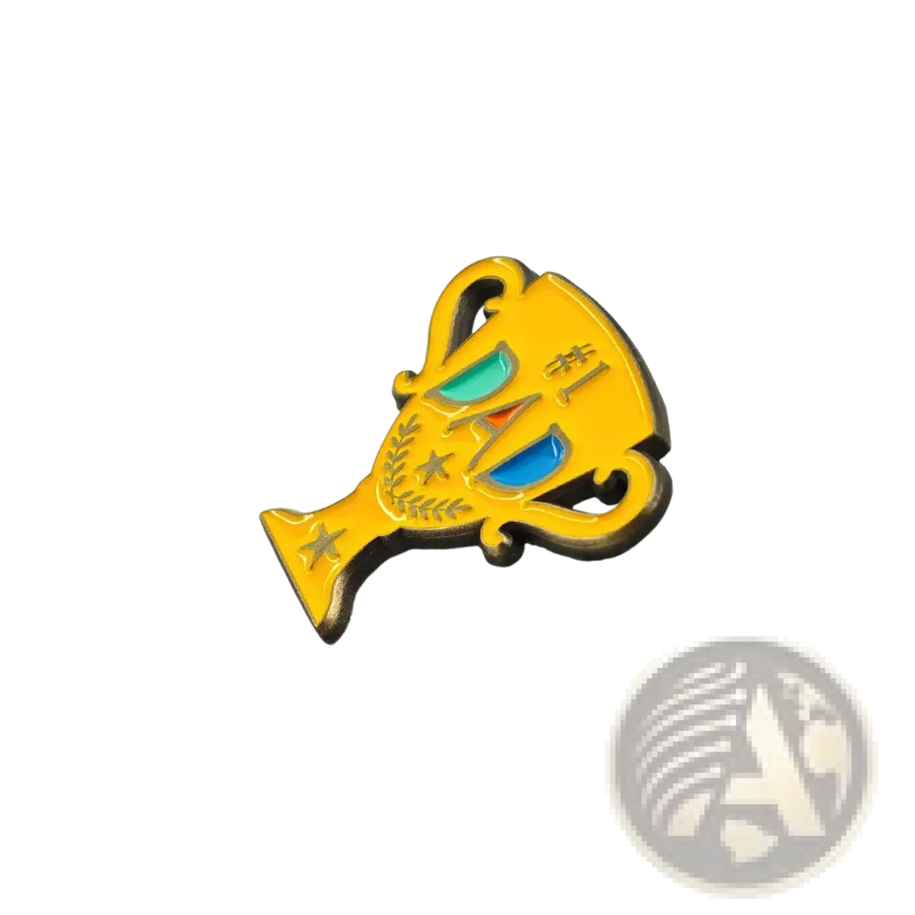 Yellow enamel #1 dad trophy pin with teal and blue eyes, gold stars, and black outlines golden brooch design