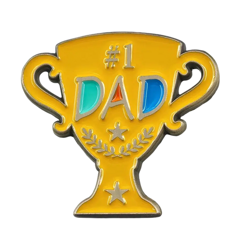 A shiny gold #1 dad trophy enamel pin with silver lettering and teal blue accents on a golden brooch