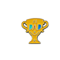 A shiny gold-colored enamel pin shaped like a trophy with dad text in blue and teal flanked by stars and laurel wreaths