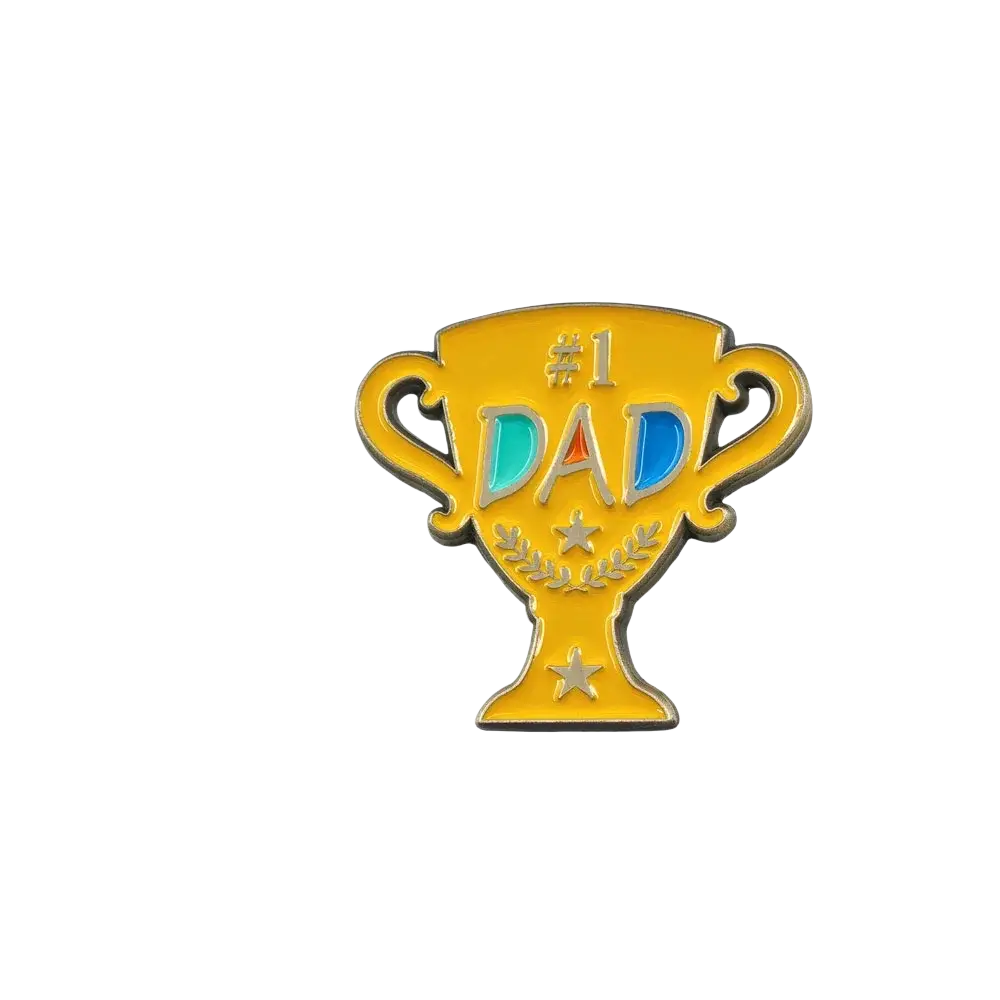 A shiny gold-colored enamel pin shaped like a trophy with dad text in blue and teal flanked by stars and laurel wreaths