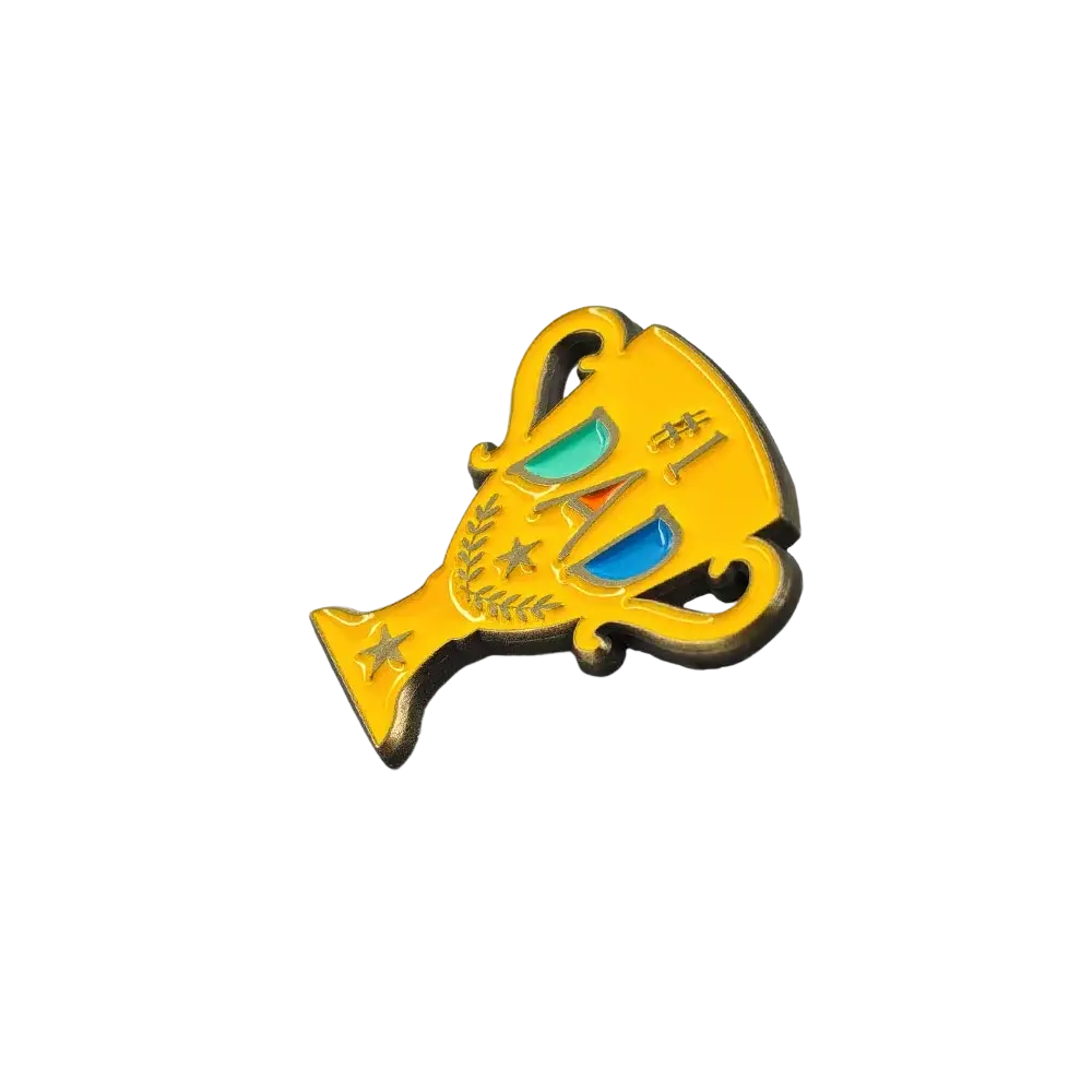 Yellow enamel #1 dad trophy pin with teal and blue eyes, gold stars, and black outlines golden brooch design