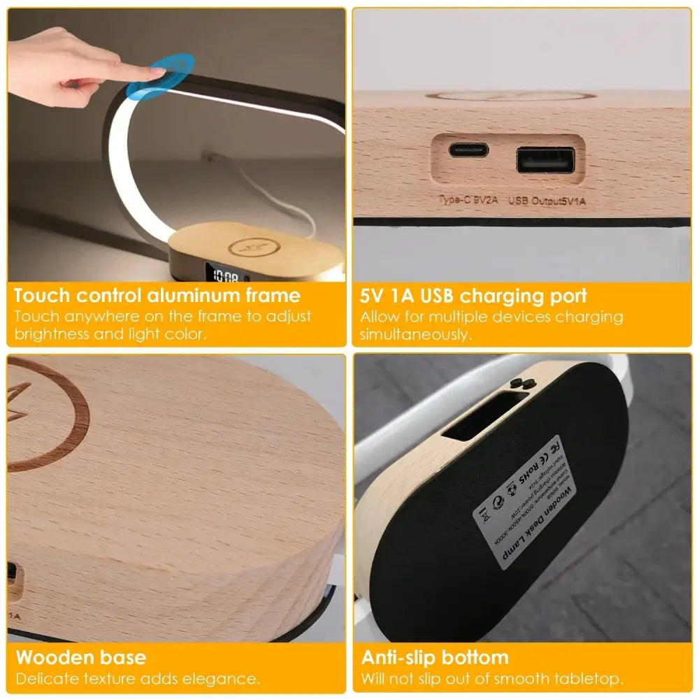 A sleek wooden oval wireless charging touch lamp with curved led light frame and aluminum control panel