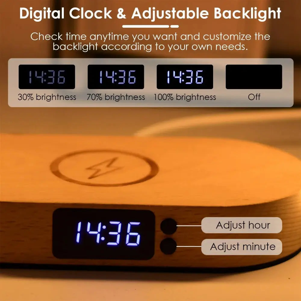 Wooden oval wireless charging touch lamp with blue led digital clock displaying 14:36 and circular charging pad