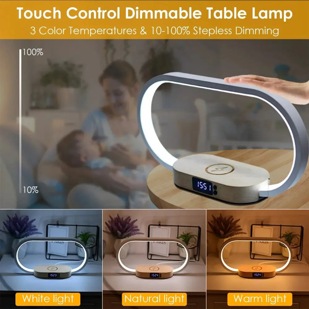 Oval wireless charging touch lamp with digital clock featuring modern oval shape white and gray design with dimmable light
