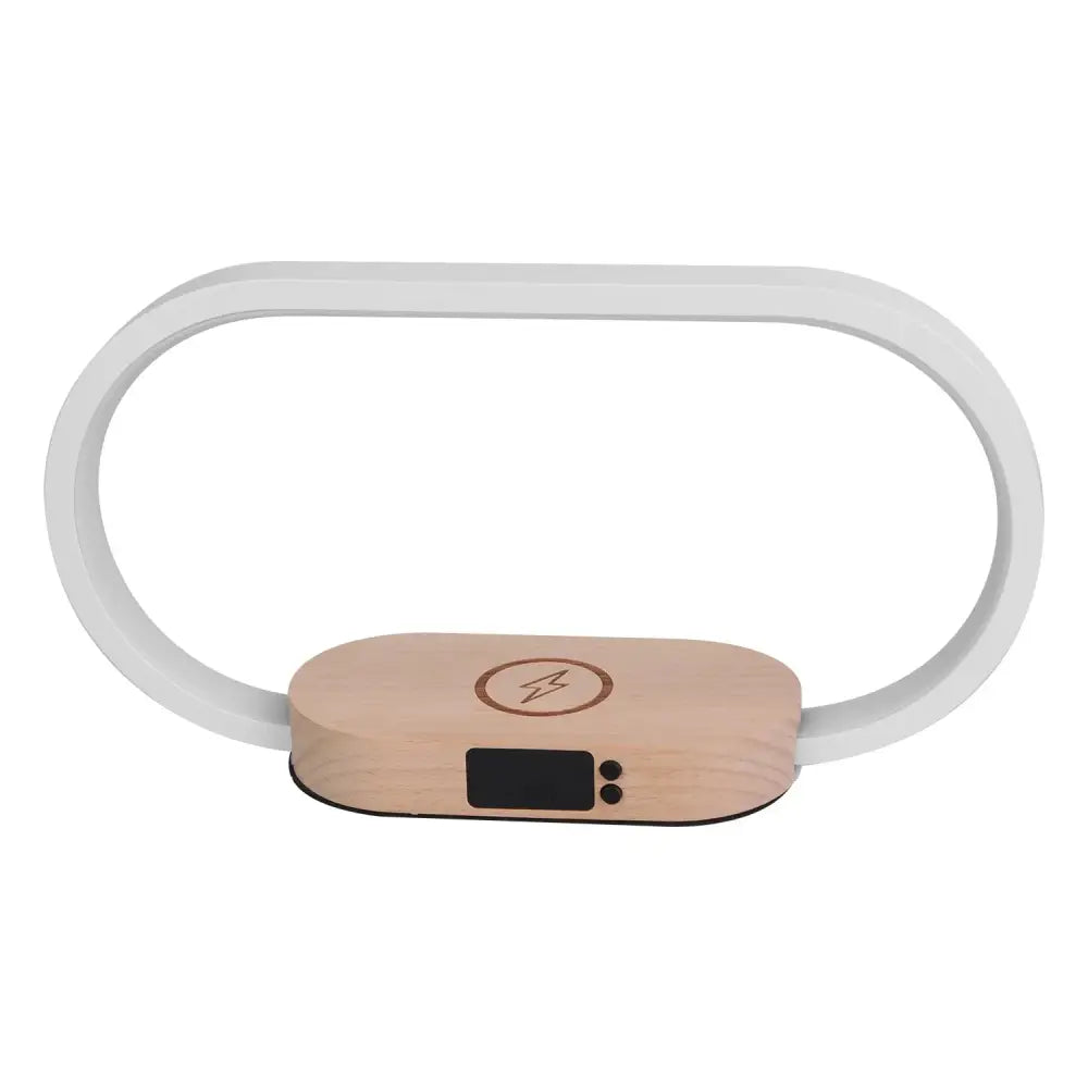 Modern oval wireless charging touch lamp with digital clock featuring white plastic frame and wood-grain base with lightning bolt engraving