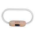 Modern oval wireless charging touch lamp with digital clock featuring white plastic frame and wood-grain base with lightning bolt engraving