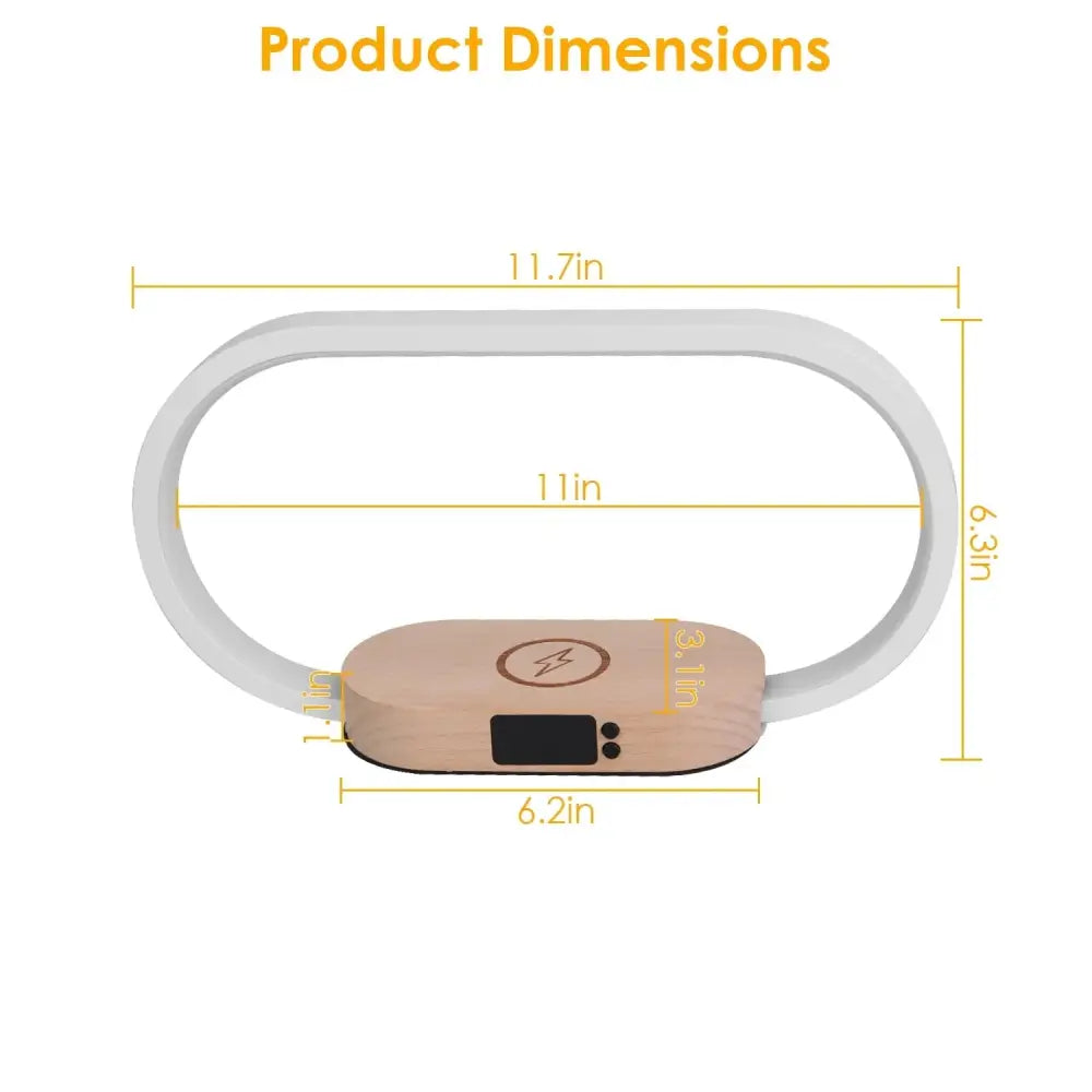 A sleek oval wireless charging touch lamp with white curved arm and light brown wooden base with digital clock