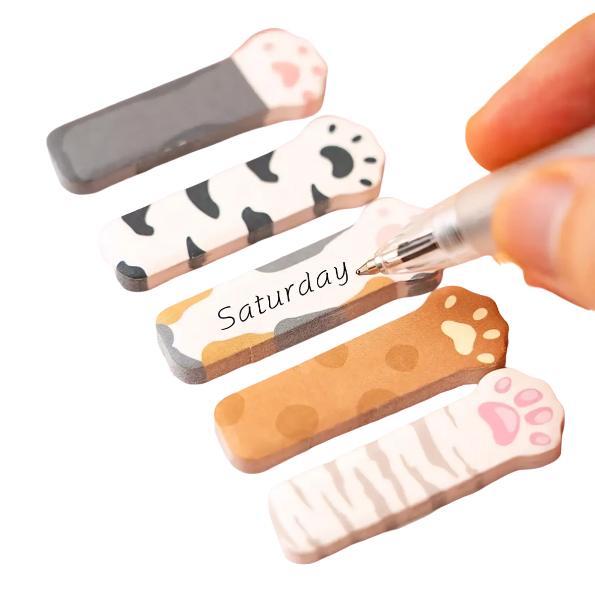 Cat memo pad and sticky notes set featuring cute cat paw-shaped notes in black-and-white cow print orange and zebra stripes