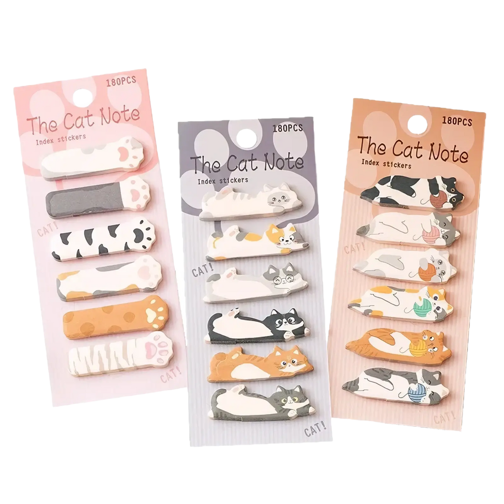 Three packages of the cat note index stickers featuring 180 colorful cat themed adhesive tabs for organizing notes