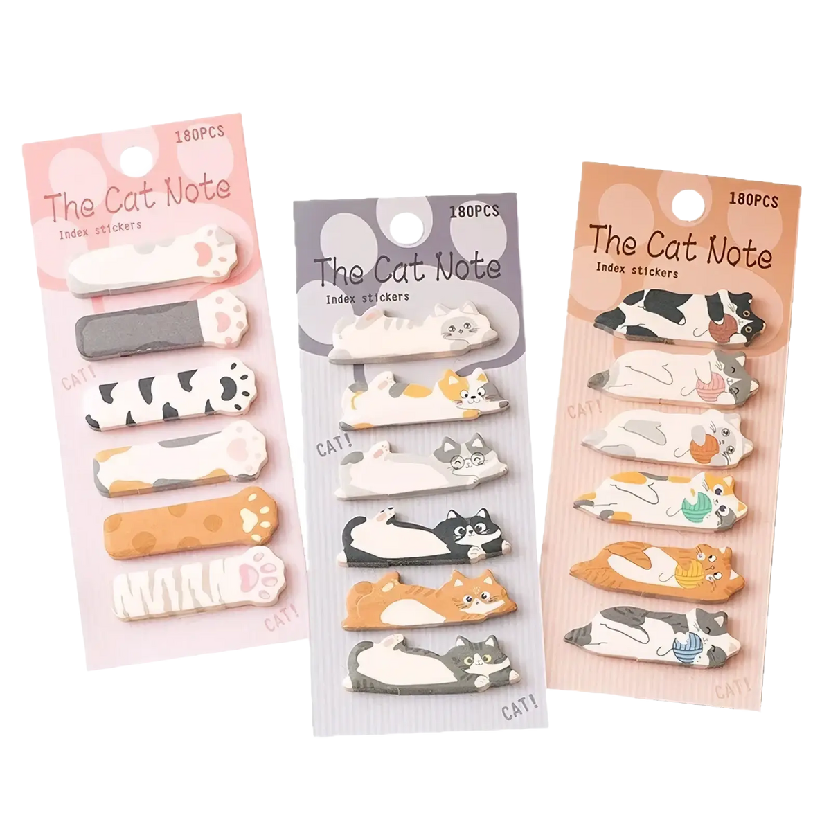 Three packages of the cat note index stickers featuring 180 colorful cat themed adhesive tabs for organizing notes