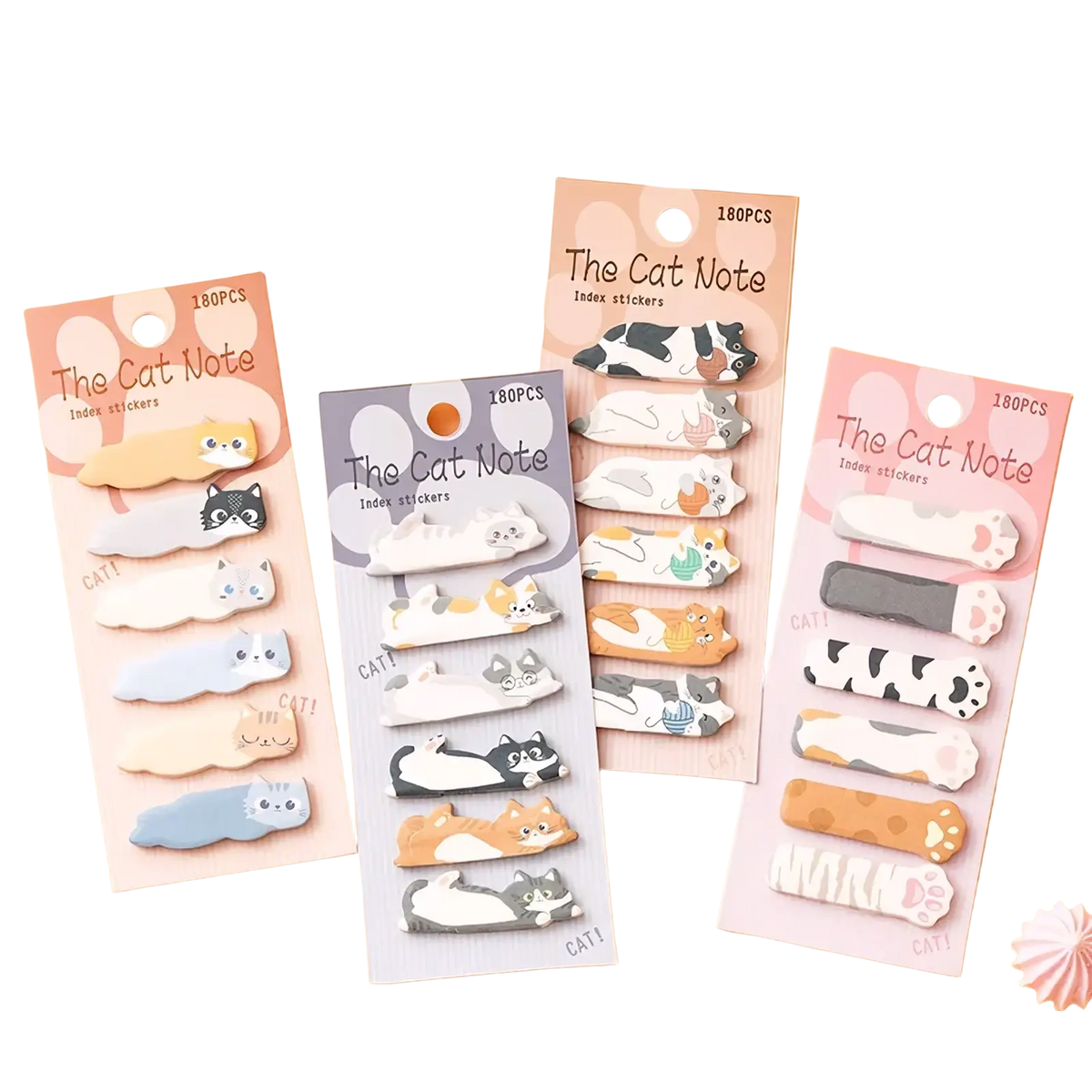 Three packages of cat index stickers featuring 180 pastel and solid color cat-shaped adhesive tabs for memo notes