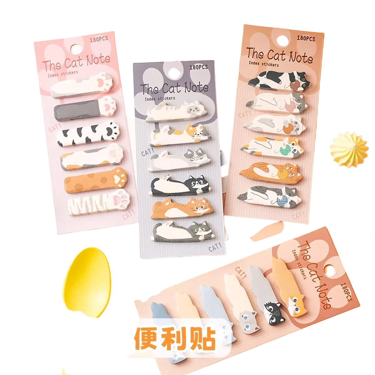Cute cat-shaped index stickers in pastel and solid colors on branded cards from cat memo pad and sticky notes set