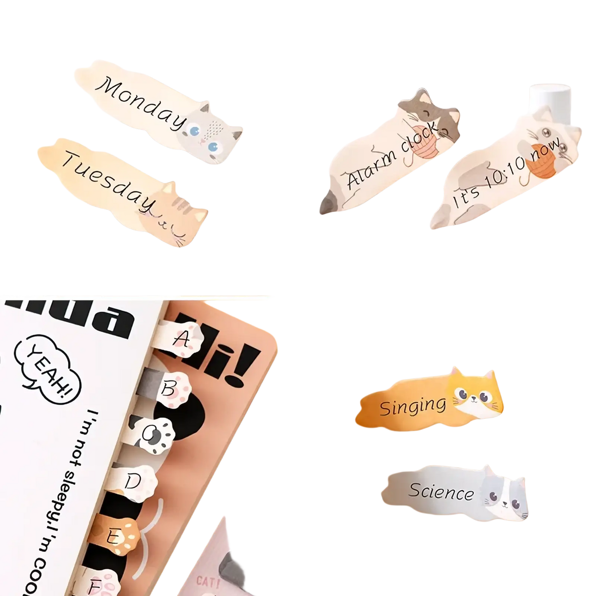 Cute cat-shaped paper stickers in pastel colors with playful text from the cat memo pad and sticky notes set
