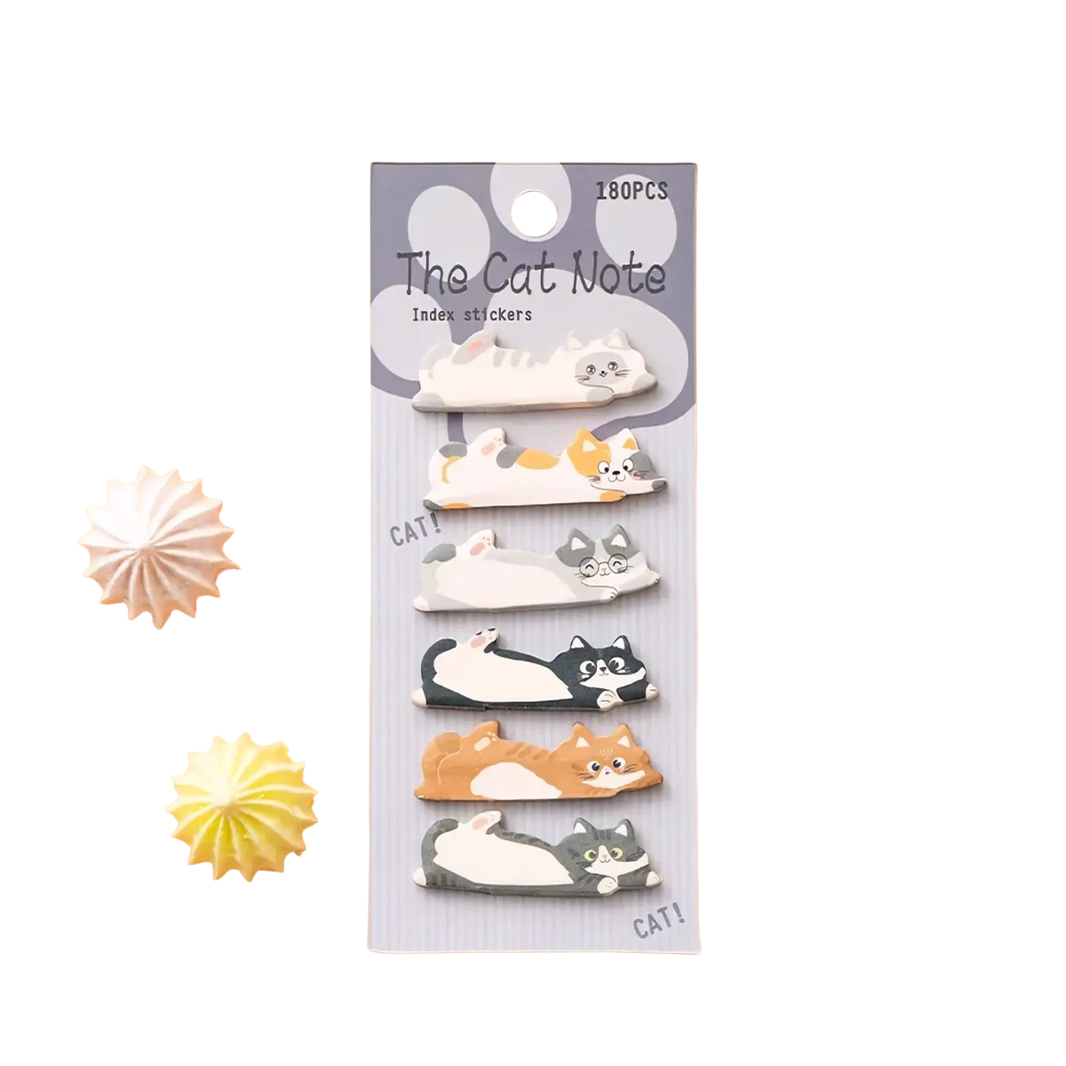 A set of 180 colorful cat-themed adhesive index stickers with various poses on a gray card with paw print design