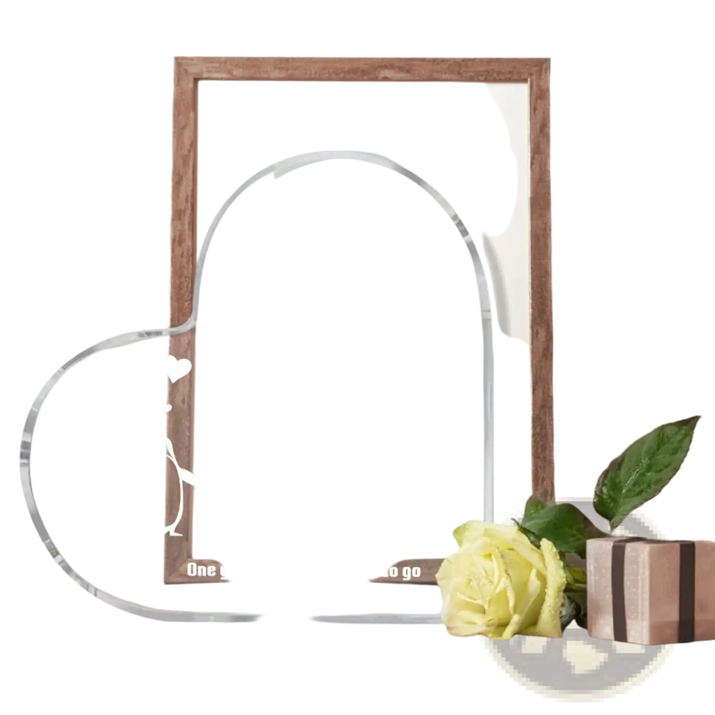 Clear acrylic heart-shaped 1 year anniversary plaque with engraved text and penguin design in white color