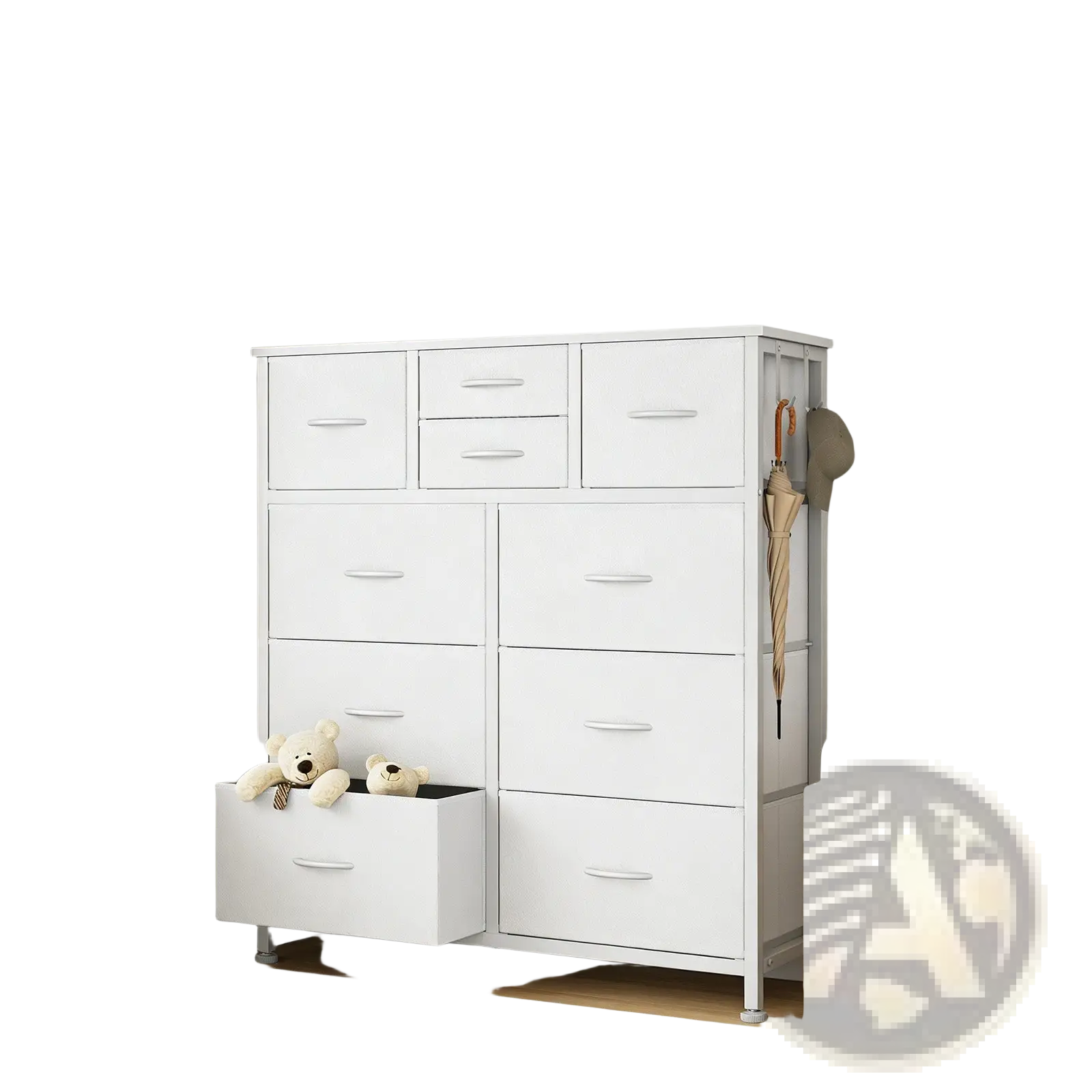 White metal 10 drawer dresser storage cabinet with hooks and hanging umbrella rack for organized storage