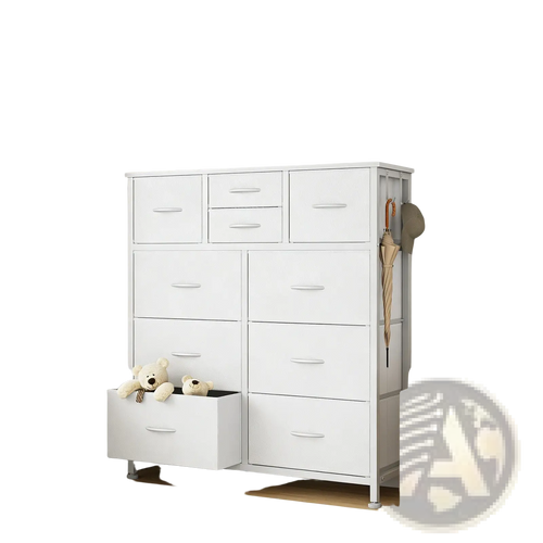 White metal 10 drawer dresser storage cabinet with hooks and hanging umbrella rack for organized storage