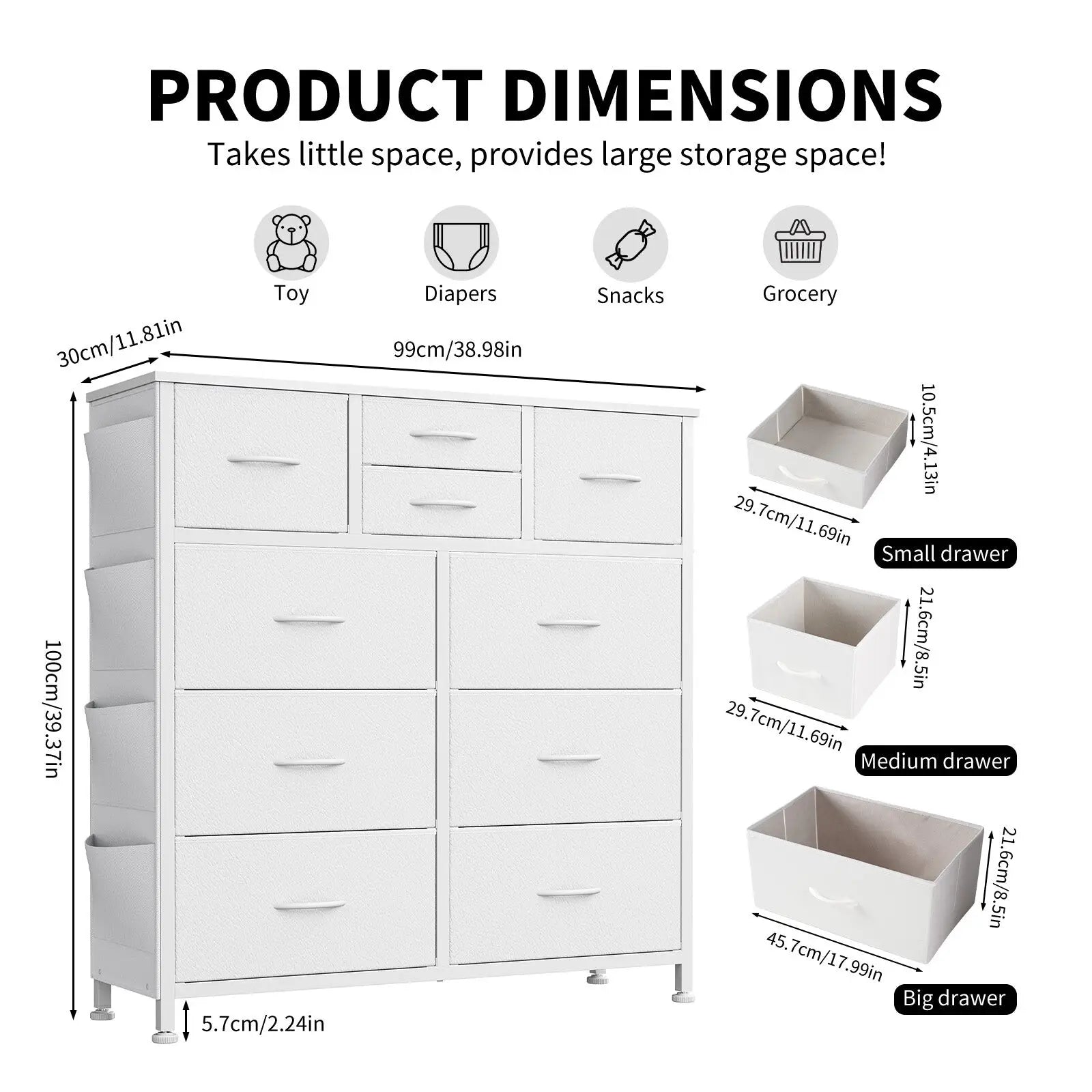 White 10 drawer dresser storage cabinet with hooks featuring multi-sized compartments for toys diapers snacks and groceries