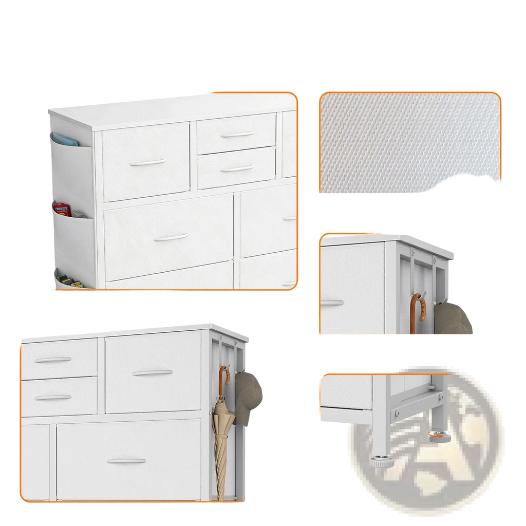 White 10 drawer storage cabinet with side hooks and adjustable feet for organized home or office use