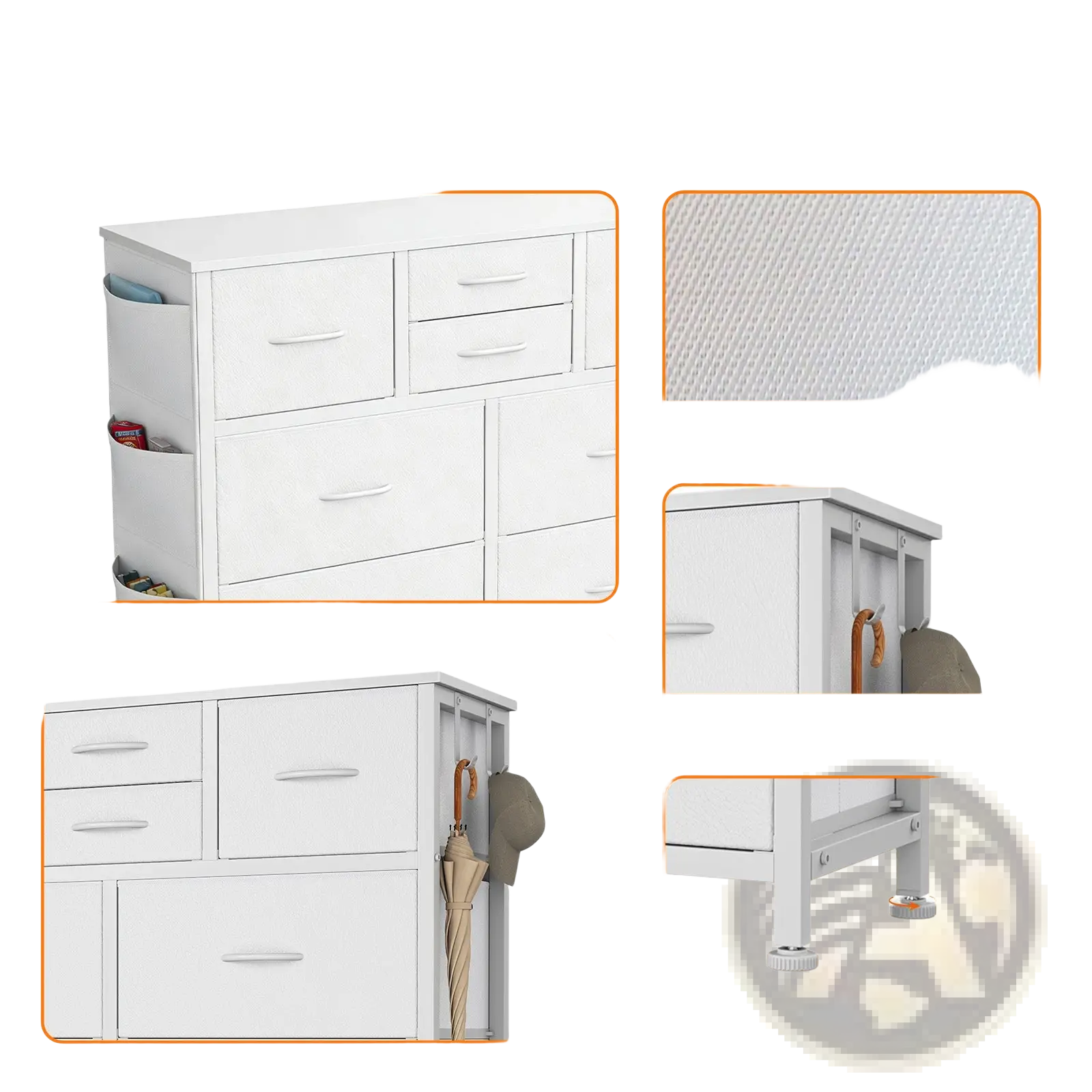White 10 drawer storage cabinet with side hooks and adjustable feet for organized home or office use