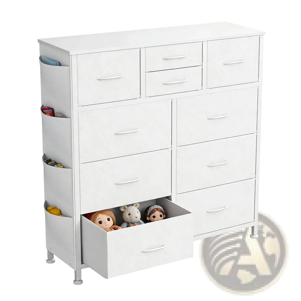 White 10 drawer dresser storage cabinet with side pockets silver tone legs and hooks for organized storage