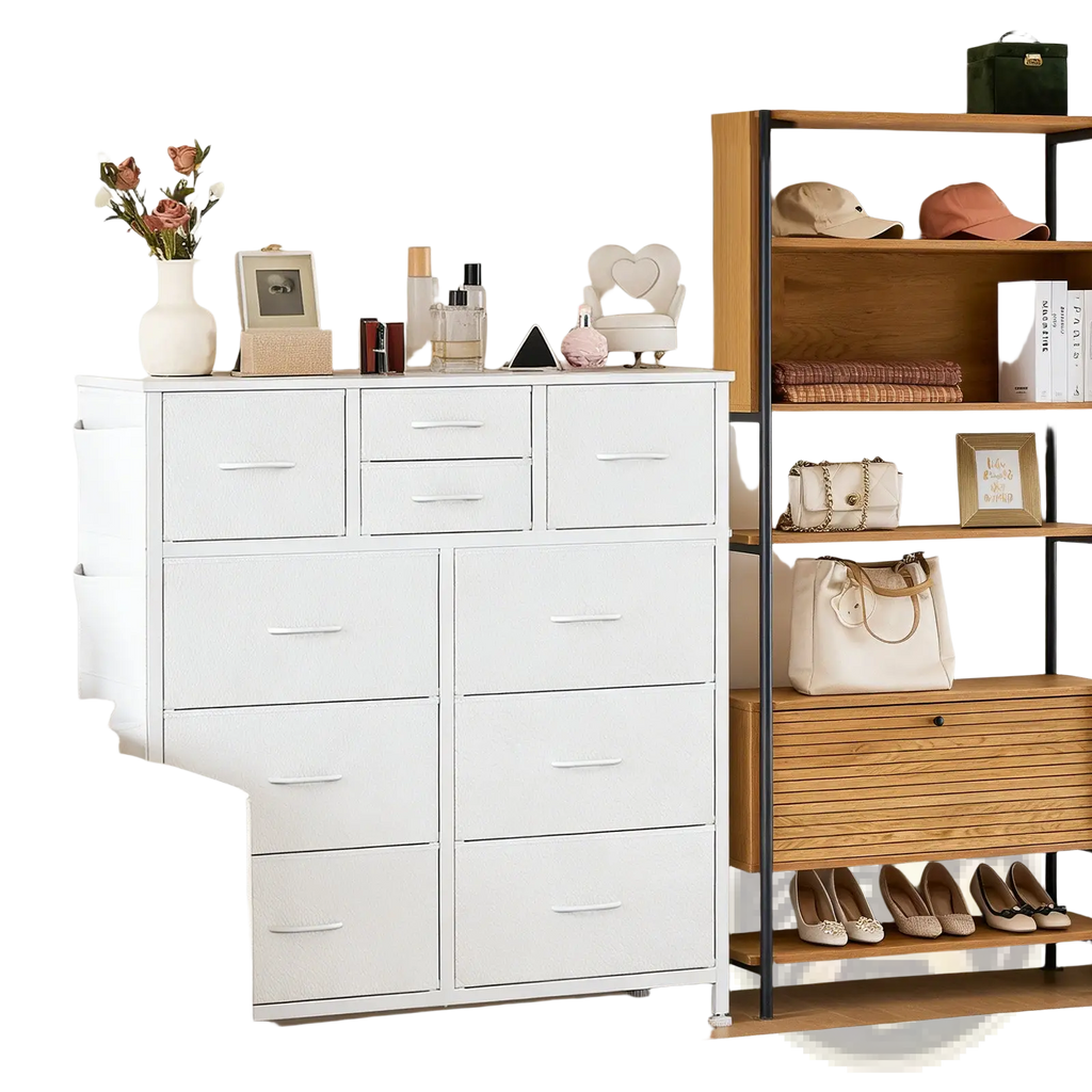 White 10 drawer dresser storage cabinet with sleek metal handles and hooks featuring a minimalist design
