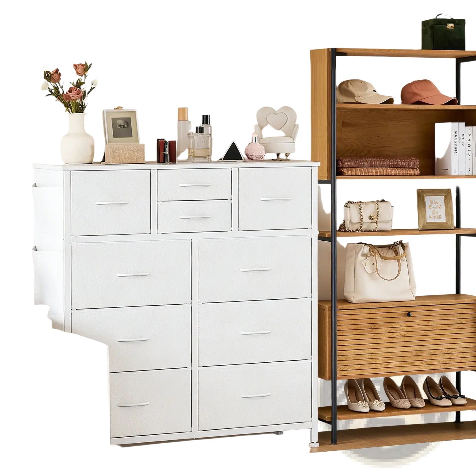 White 10 drawer dresser storage cabinet with sleek metal handles and hooks featuring a minimalist design
