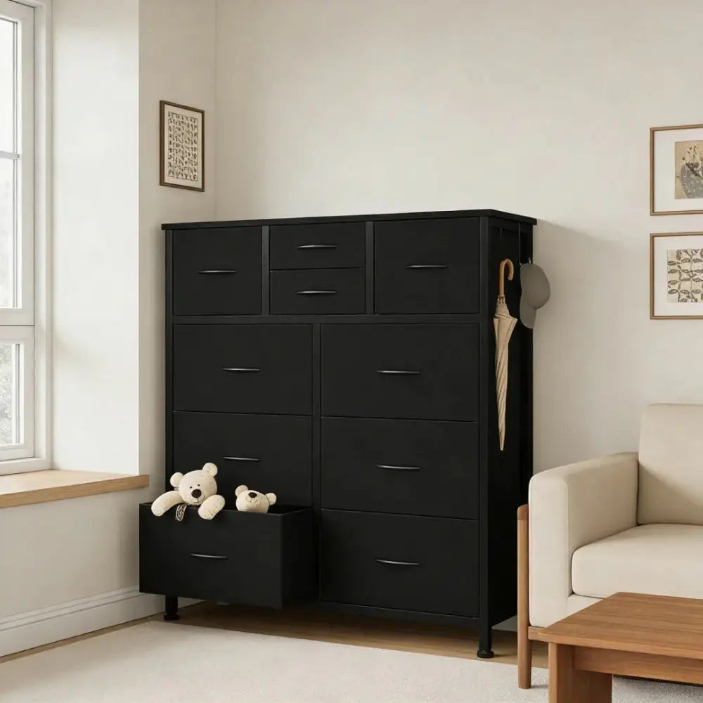 Black 10 drawer dresser with wood top, multiple drawers, minimalist metal handles, and side storage hooks