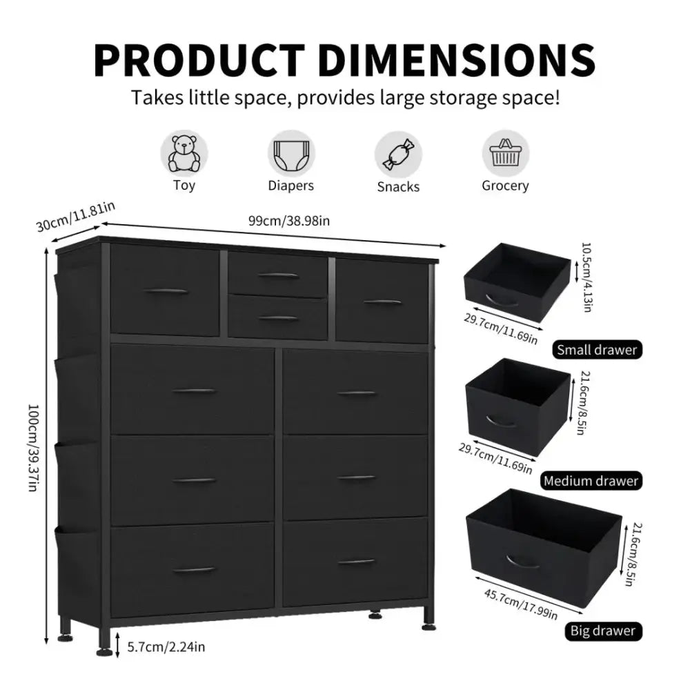 Black 10 drawer dresser with wood top and side storage hooks featuring multi-sized compartments for organizing toys and groceries