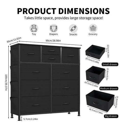 Black 10 drawer dresser with wood top and side storage hooks featuring multi-sized compartments for organizing toys and groceries