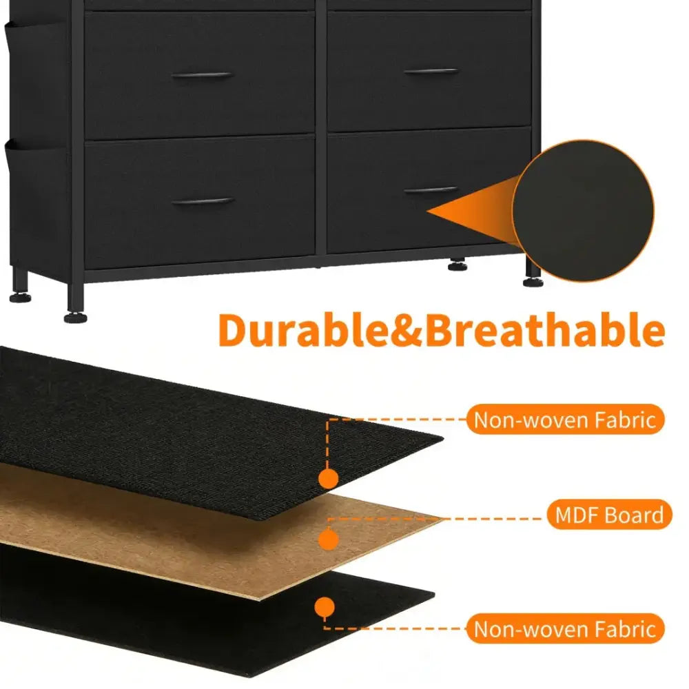 Black six-drawer dresser with wood top and side storage hooks made of non-woven fabric and mdf board layered construction